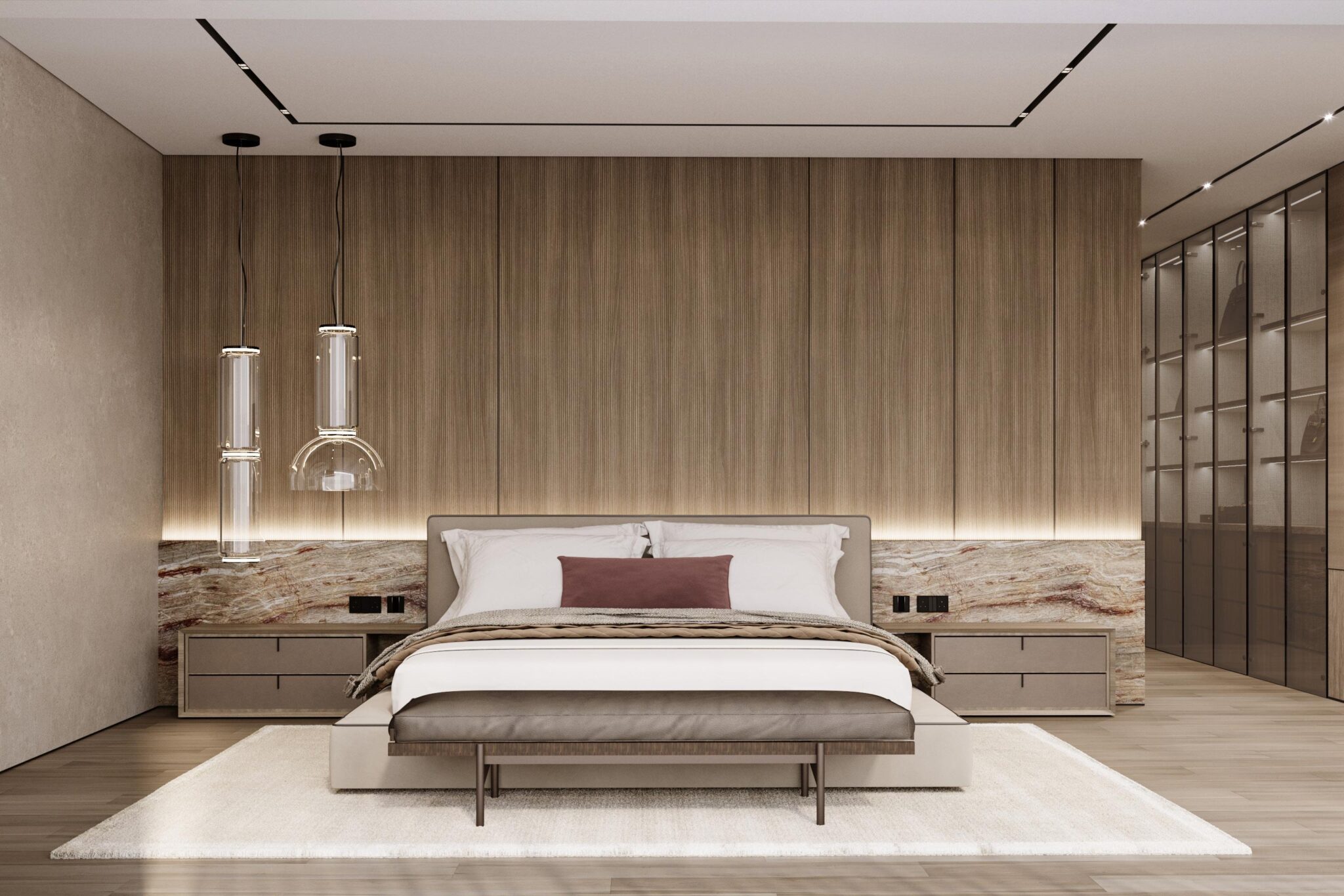 Custom bed and bedroom design for modern luxury villa.
