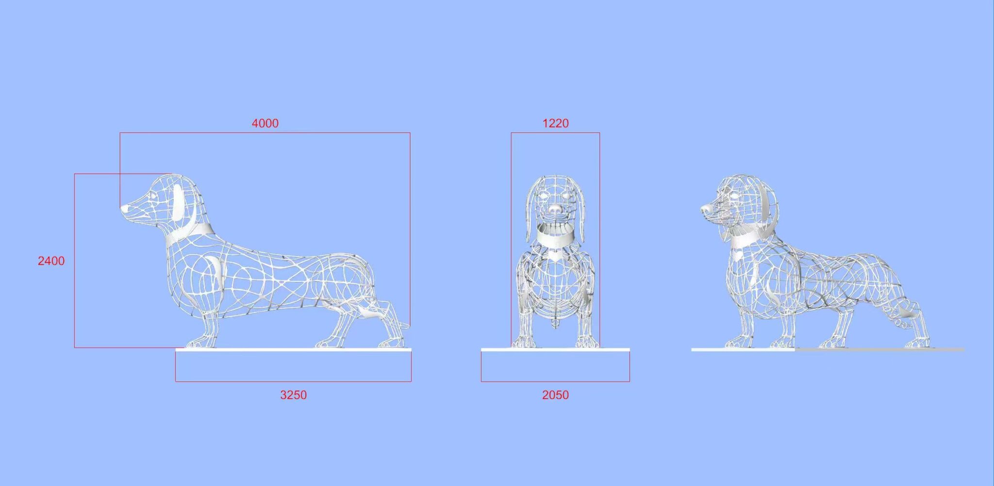 Engineering and fabrication drawings of a dog metal sculpture by NEXTOP